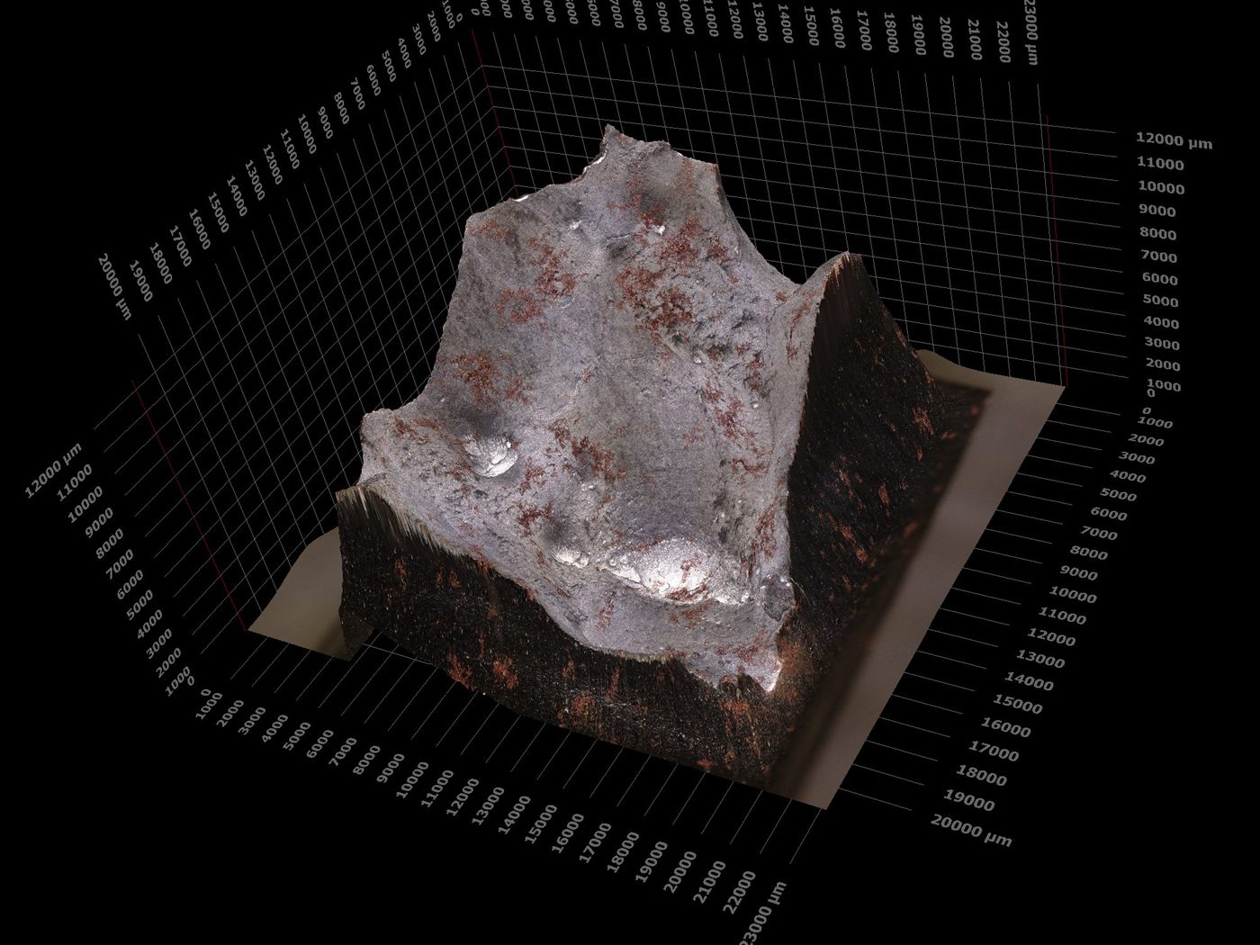 Transverse tensile specimen from a weld qualification, fracture surface reconstructed in 3D relief